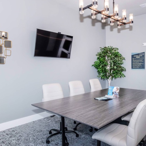 a conference room with a table with a plant seating  and tv