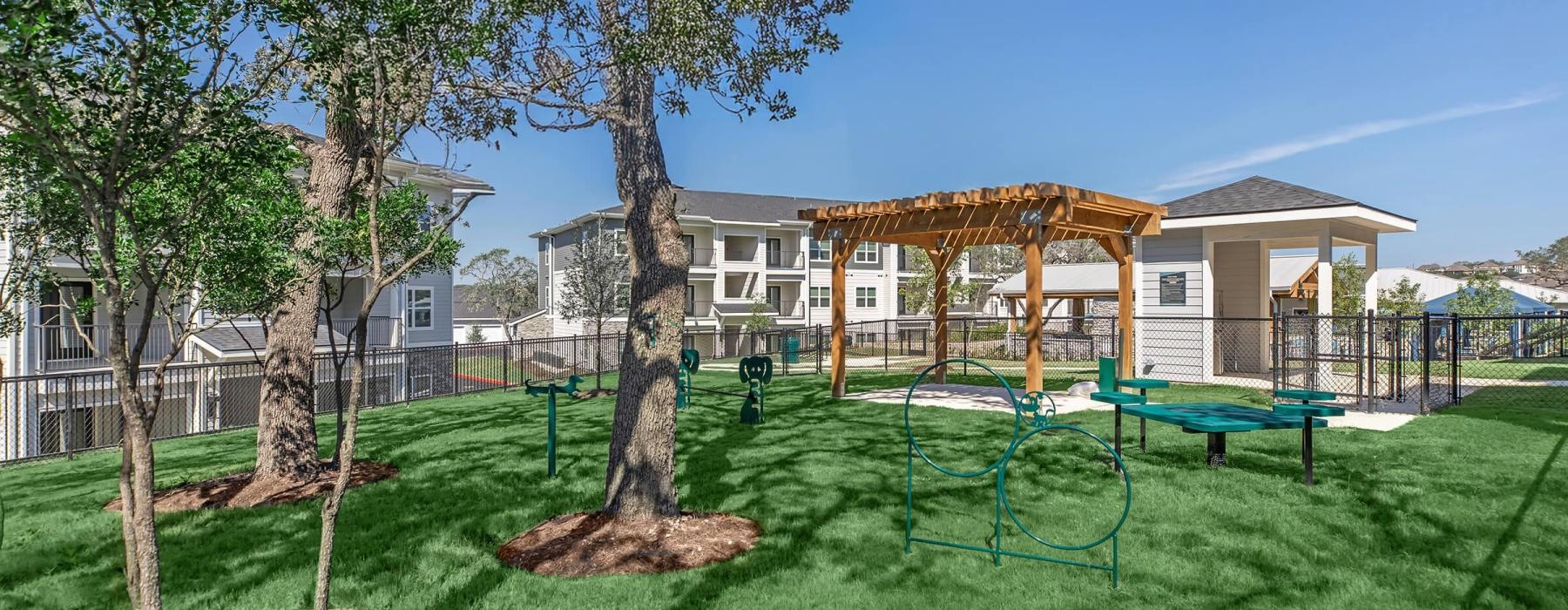 a backyard with a trampoline and trees